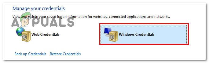 Clicking on the Windows credential option in the credential manager