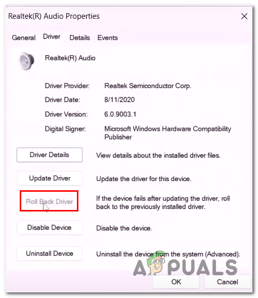 Rolling back audio drivers via the device manager