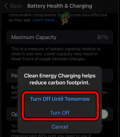 Turn Off or Turn Off Untill Tomorrow Clean Energy Charging on iPhone