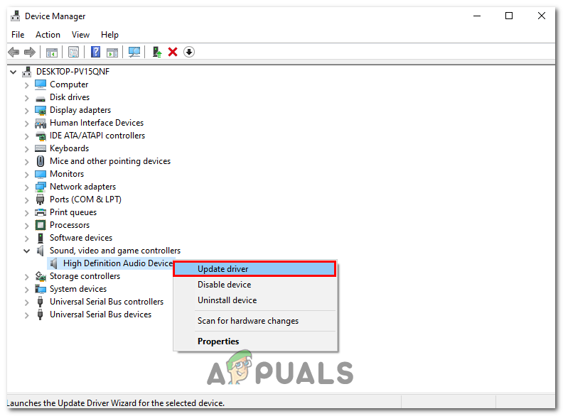 Clicking the Update driver button in the context menu of the device manager 