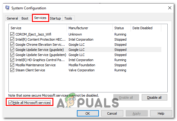 Opening the services tab in the System configuration window 