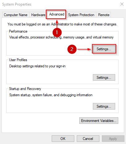 Accessing Performance settings in System Properties