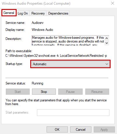 Selecting Automatic startup for Windows Audio service