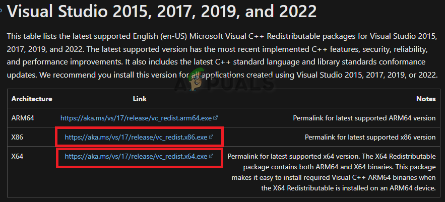 Downloading the latest MS C++ Redistributable