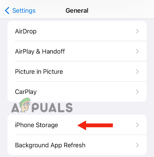 Tapping on the iPhone Storage option