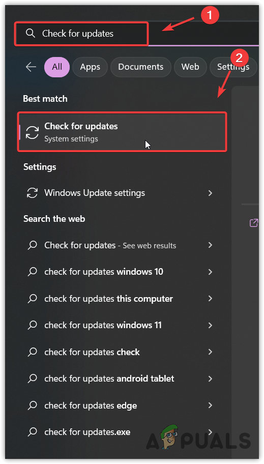 Launching the Windows update settings using start menu