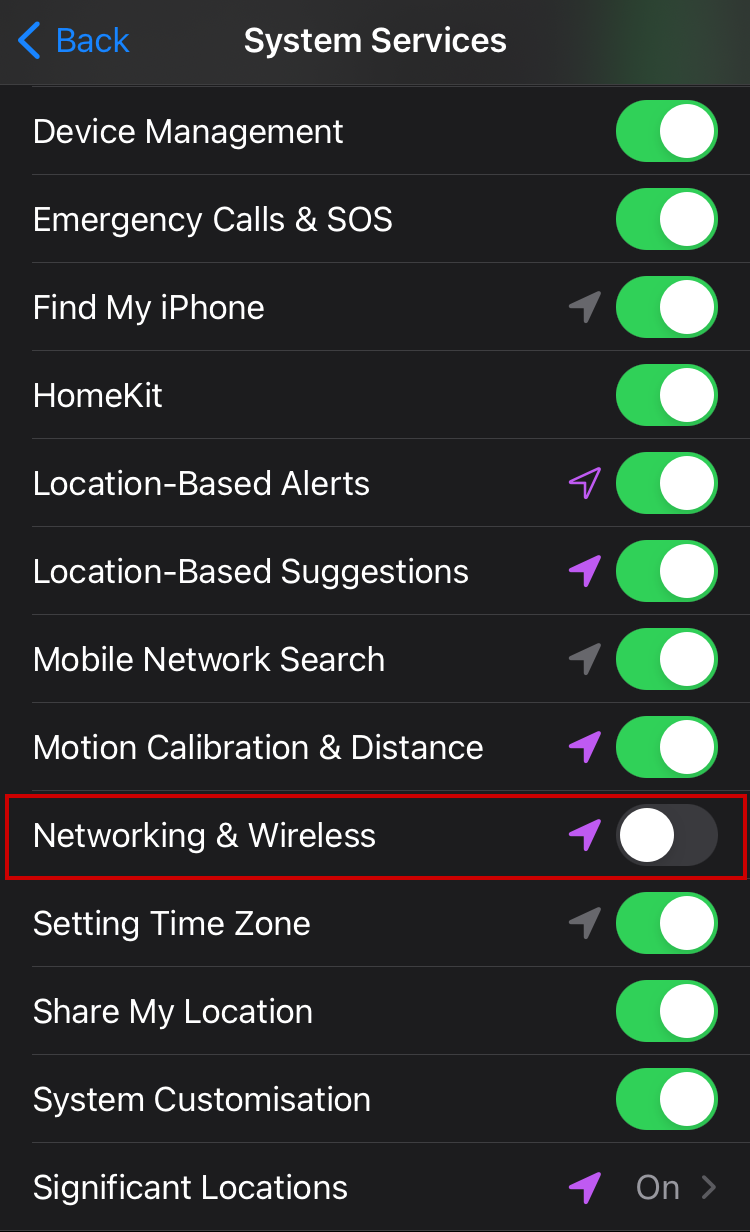 Turning off Networking & Wireless service on iPhone