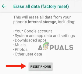 Tapping on Reset Phone