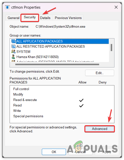 Opening Advanced Security settings