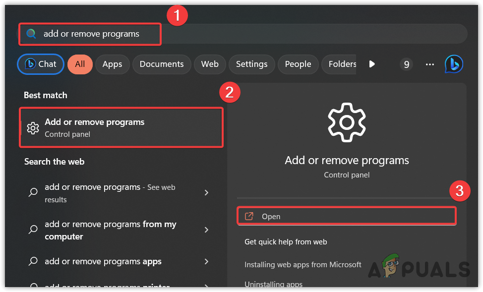 Opening Programs and features Windows settings