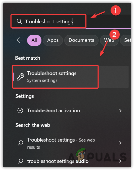 Opening Troubleshooting Settings by searching it from start menu
