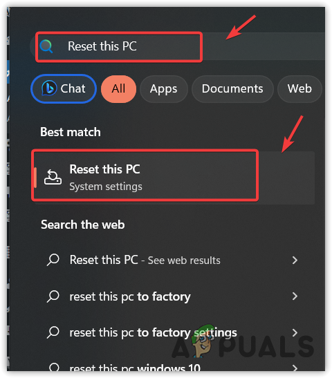 Opening the system reset settings using the start menu