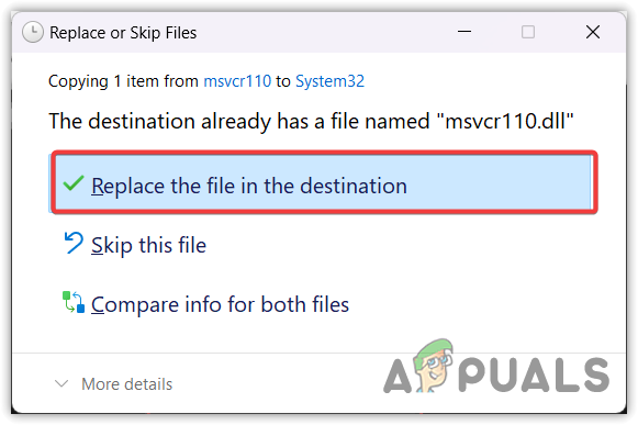 Replacing the file in the destination