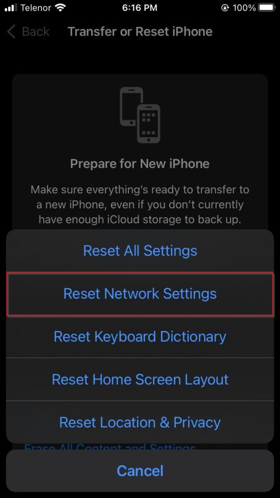 Resetting network settings in iPhone