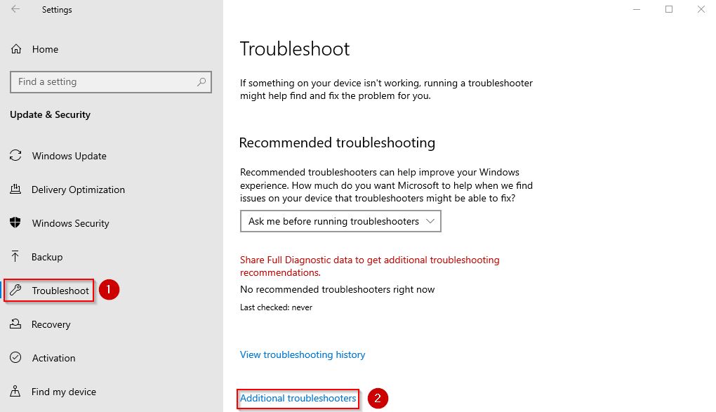Windows Additional Troubleshooters option