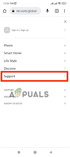 Selecting the Support option
