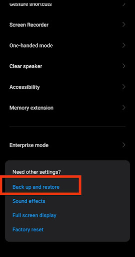 Tapping on Backup and restore option