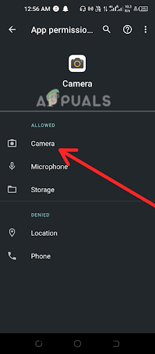 Selecting the Camera option 