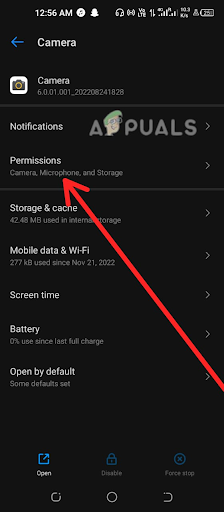 Clicking on the Permissions options