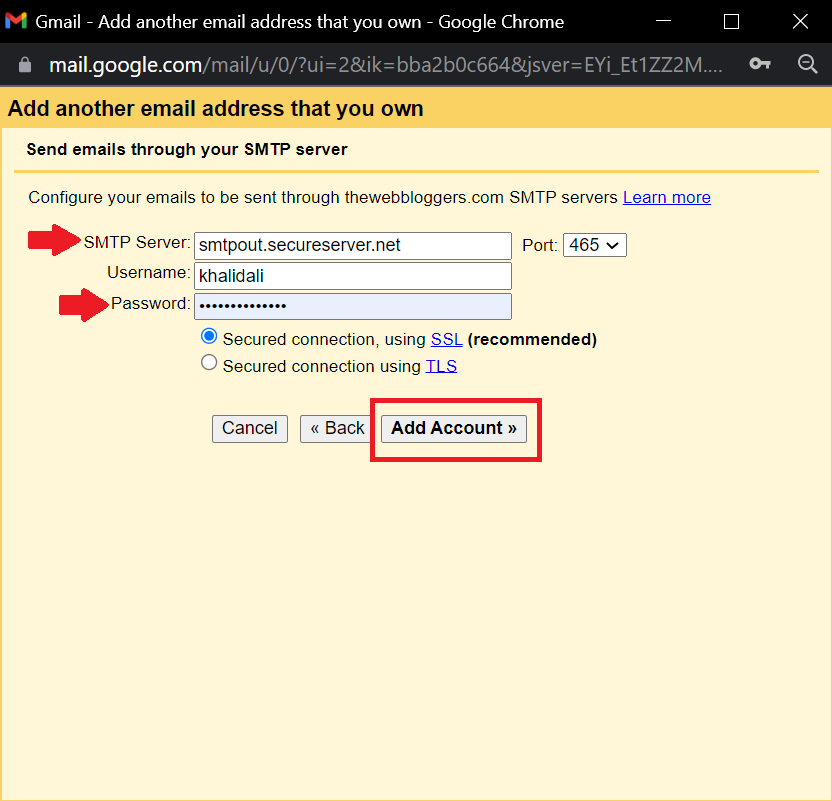 enter SMTP details and click add account