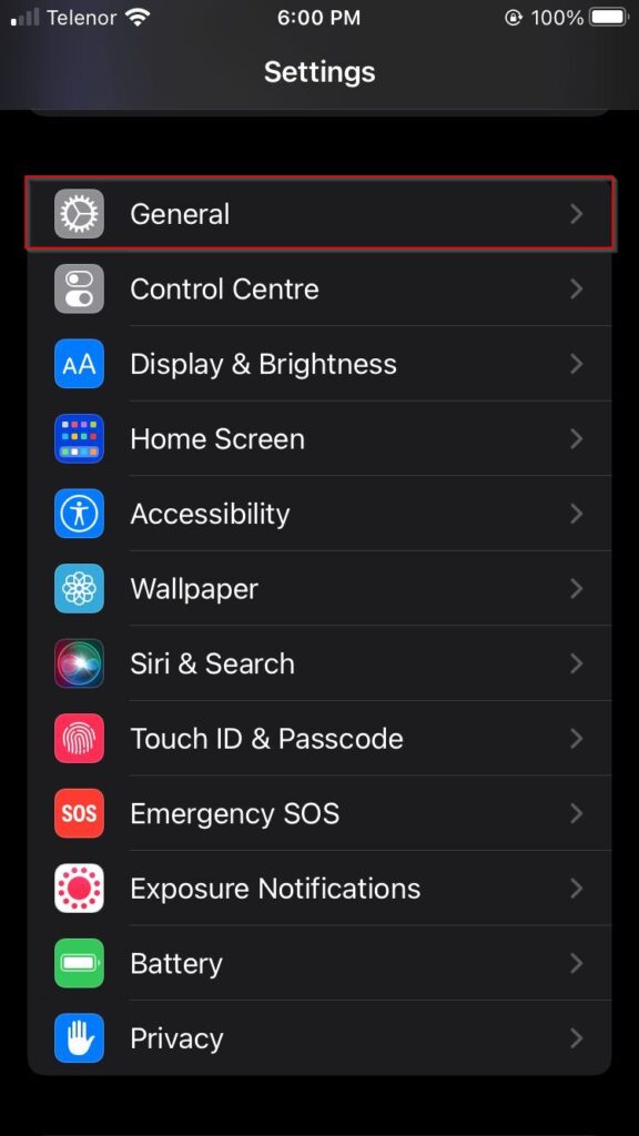 Selecting iPhone General settings
