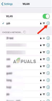 Tapping on the info icon next to the Wifi network