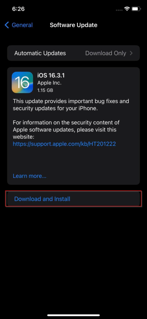 iOS software update settings