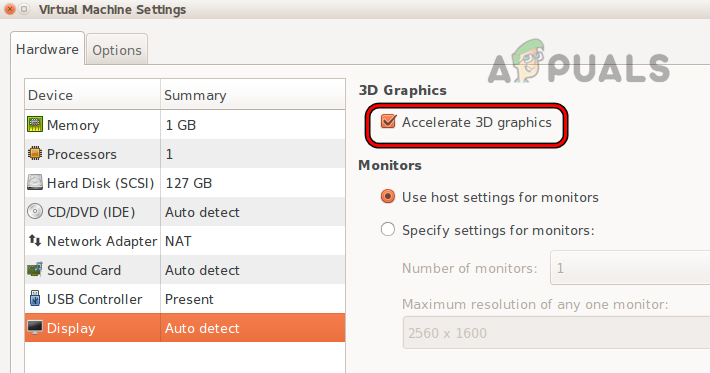 Disable Accelerate 3D Graphics in the VMWare Workstation