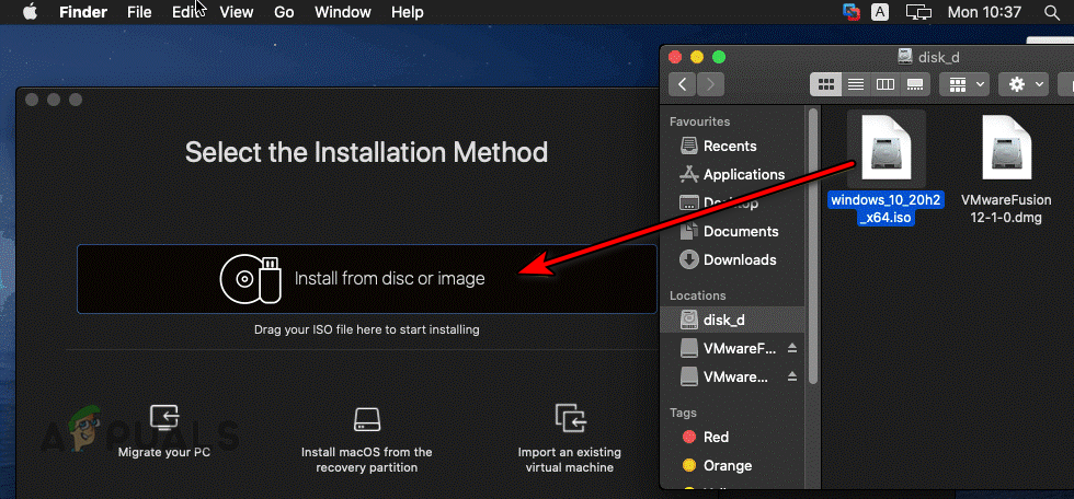 Drag and Drop the ISO of the OS to the Installation Prompt of the VMware Fusion