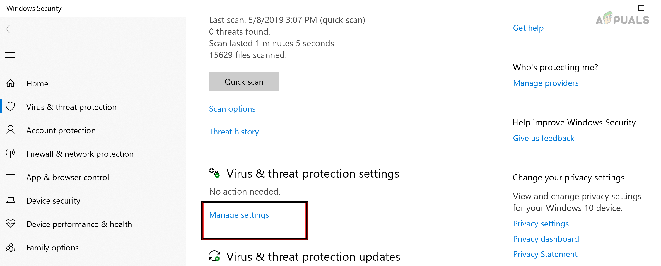Open Manage Settings in Virus & Threat Protection of Windows Security Settings
