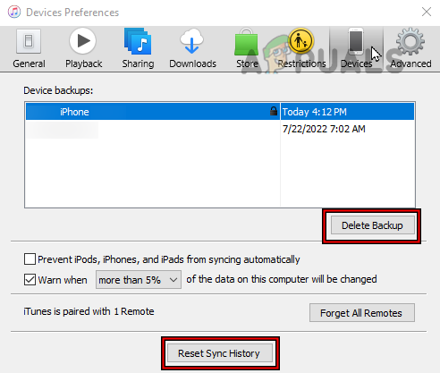 Delete Old Backup in the Devices Tab of iTunes