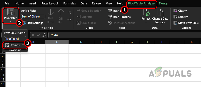 Open PivotTable Options in the PivotTable Analyze Tab
