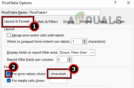 Set For Error Values Show to Unavailable in the PivotTable's Layout and Format Options
