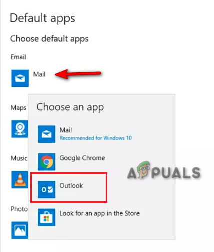 Choosing Outlook as default email program
