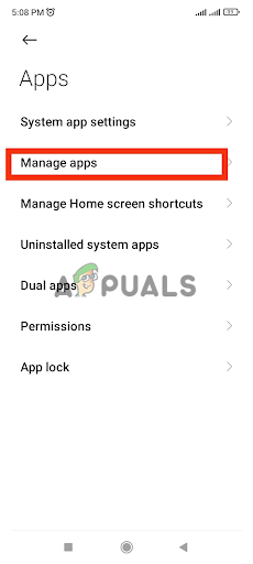 Selecting the Manage Apps option