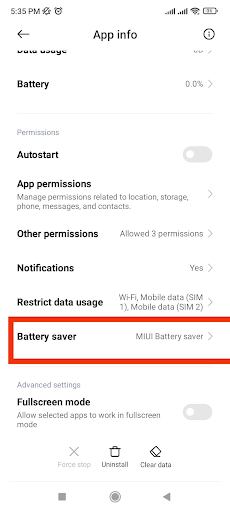 Tapping on the Battery Saver option