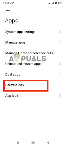 Tapping on Permissions options