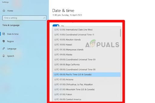 Click on the Time Zone or Change the time zone option. This will open a drop-down list of available time zones