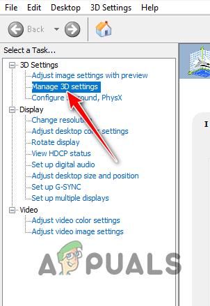 Navigating to Manage 3D Settings