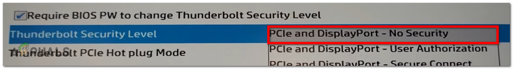 Selecting the No Security Thunderbolt Security Level