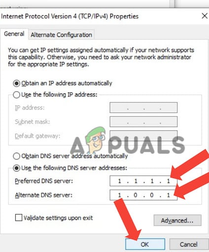Input IP address 1.1.1.1 as the preferred DNS server and 1.0.0.1 as the alternate DNS server
