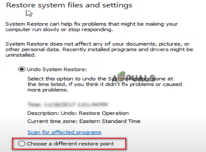 Choosing a different restore point