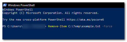 type the command "Remove-Item" along with the file location and name, with "-Force at the end
