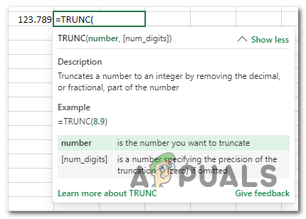 The TRUNC function in Excel.