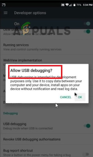 turn on the toggle for USB Debugging