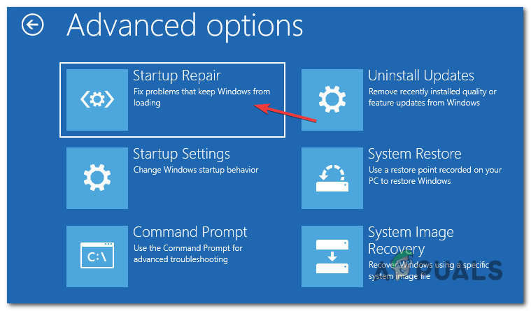 click on the "Startup repair" option from the Advanced options page