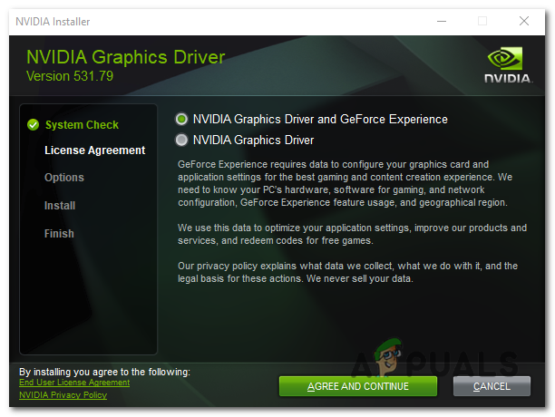 Select "NVIDIA Graphics Driver and GeForce Exprience" and press "AGREE AND CONTINUE"