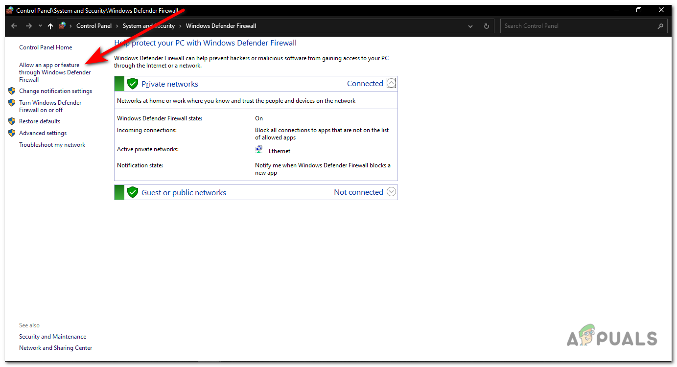 Click on "Allow an app or feature through Windows Defender Firewall" in the left panel.