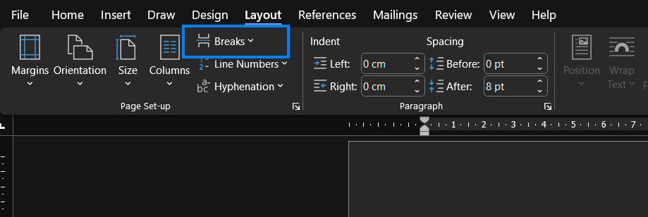 Look for "Breaks" in "Page Set-up".