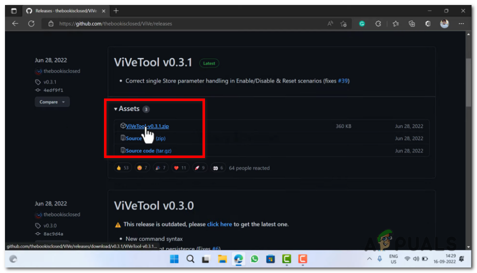 Download the ViveTool-vx.x.x.zip file, the "x.x.x" in the filename represents the version number.